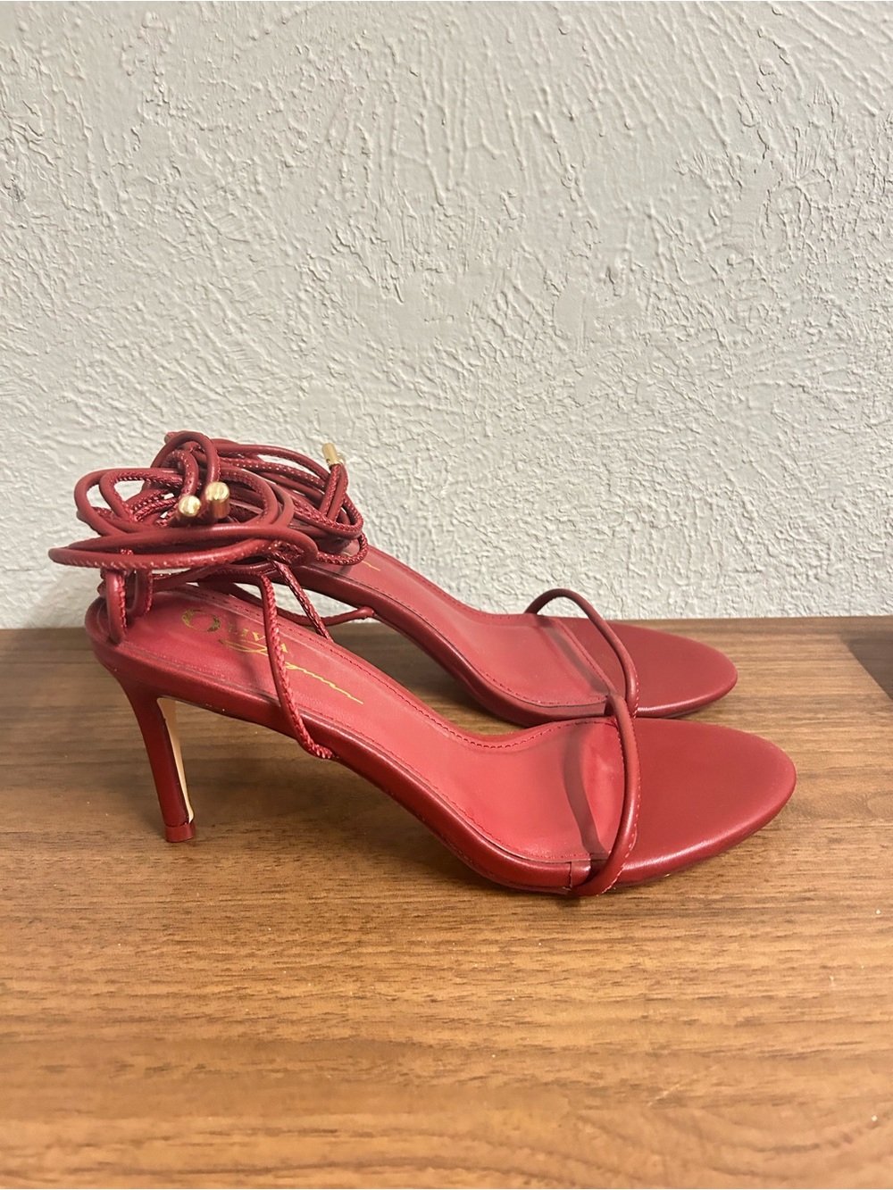 Deep Red Strappy Lace Up Heels Sandal 38 7.5